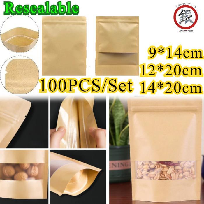 100Pcs /Set Standing Pouch Kraft Paper Ziplock/Standing Pouch Kraft Paper Window Warna