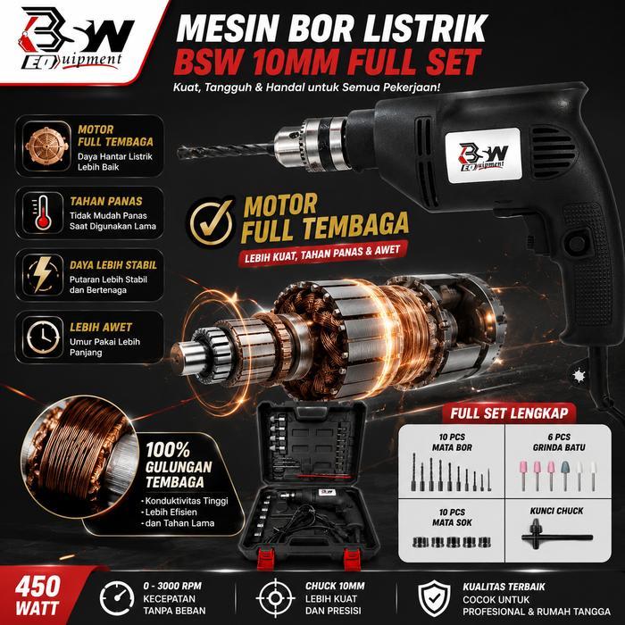SALE BSW 53 Mesin Bor Listrik Impact Drill Electric Drill 10mm Bolak Balik Set Electrik Drill