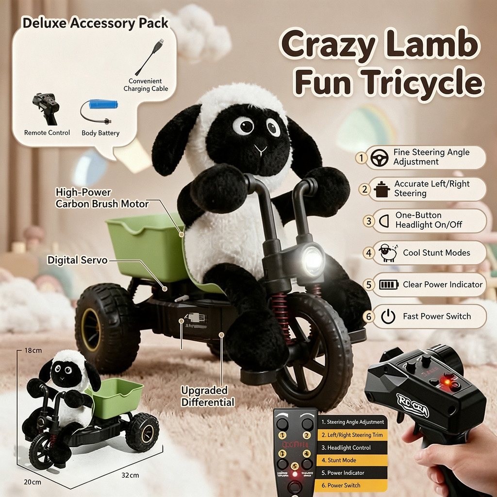 RC Sheep Tricycle Toy, Precision Digital Servo & Full Proportional Throttle, Upgraded Differential