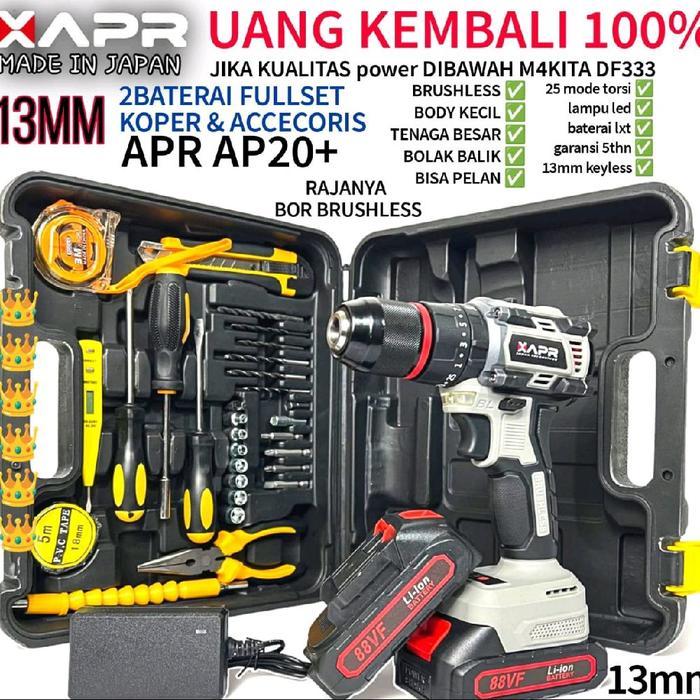APR BOR BATERAI CORDLESS TYPE AP20+ MESIN BOR BATERAI 88V 2 BATERAI DRILL IMPACT 13mm KEYLESS CHUCK