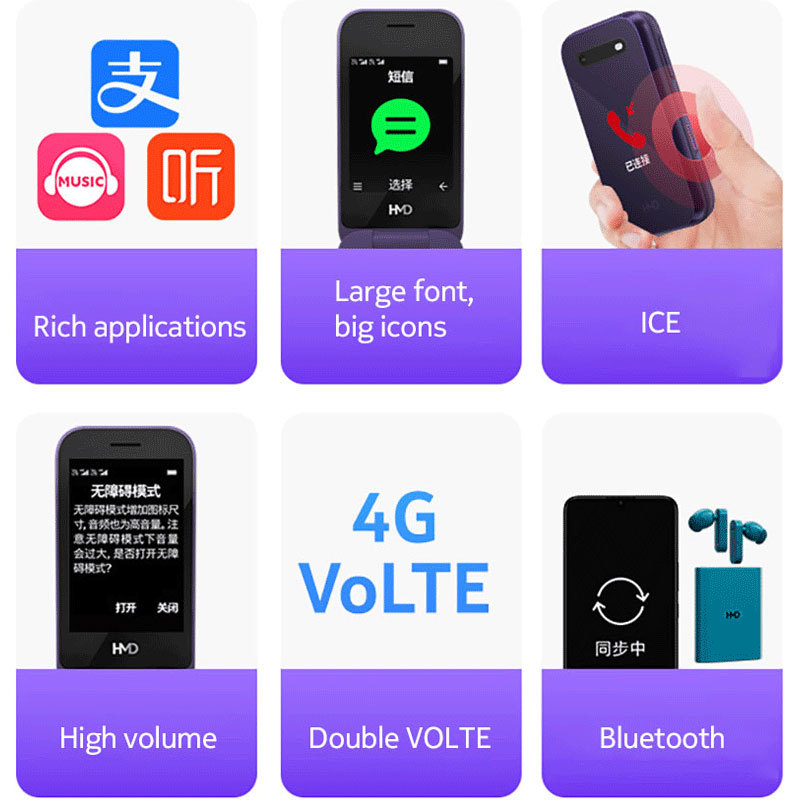 New HMD 2660 4G Feature Flip Phone Dual SIM Card 2.8 Inch Bluetooth FM Radio 1450mAh Rugged