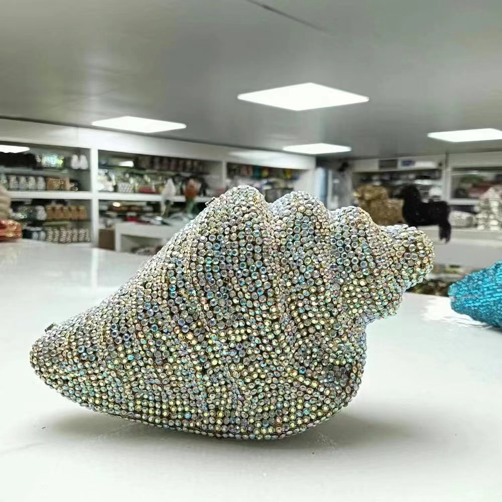 Lady Conch Blue/Gold Crystals Clutch Purse Female Evening Bag Wedding Diamond Purse Bridal Handbag