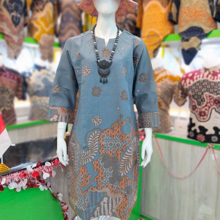 JTTOP" BATIK TUNIK MODEL RESLETING BELAKANG BAHAN KATUN HALUS FULL LAPISAN TRIKOT WARNA BIRU COKLAT