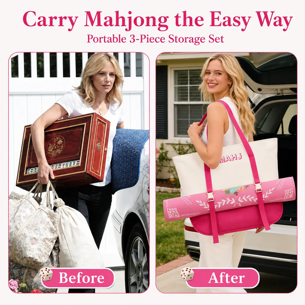 3Piee Mahjong Storage Bag Set Hot Pink anvas Mahjong bag for ian Mahjong Tiles Travel Game Aessories