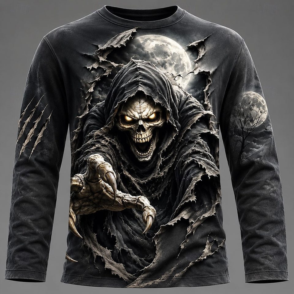 Lengan panjang Pria Grim Reaper Scythe Fire 3D Cetak Lengan Panjang Gothic Halloween Kaus Kasual