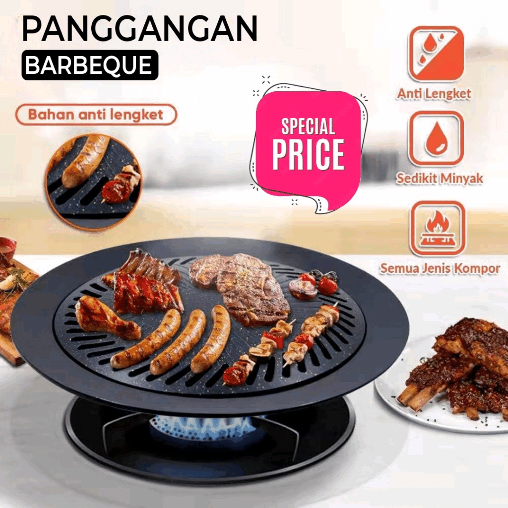 GRILL PAN BBQ Alat Pemanggang Anti Lengket Bulat Wajan Teflon Besi BBQ korea all you can eat