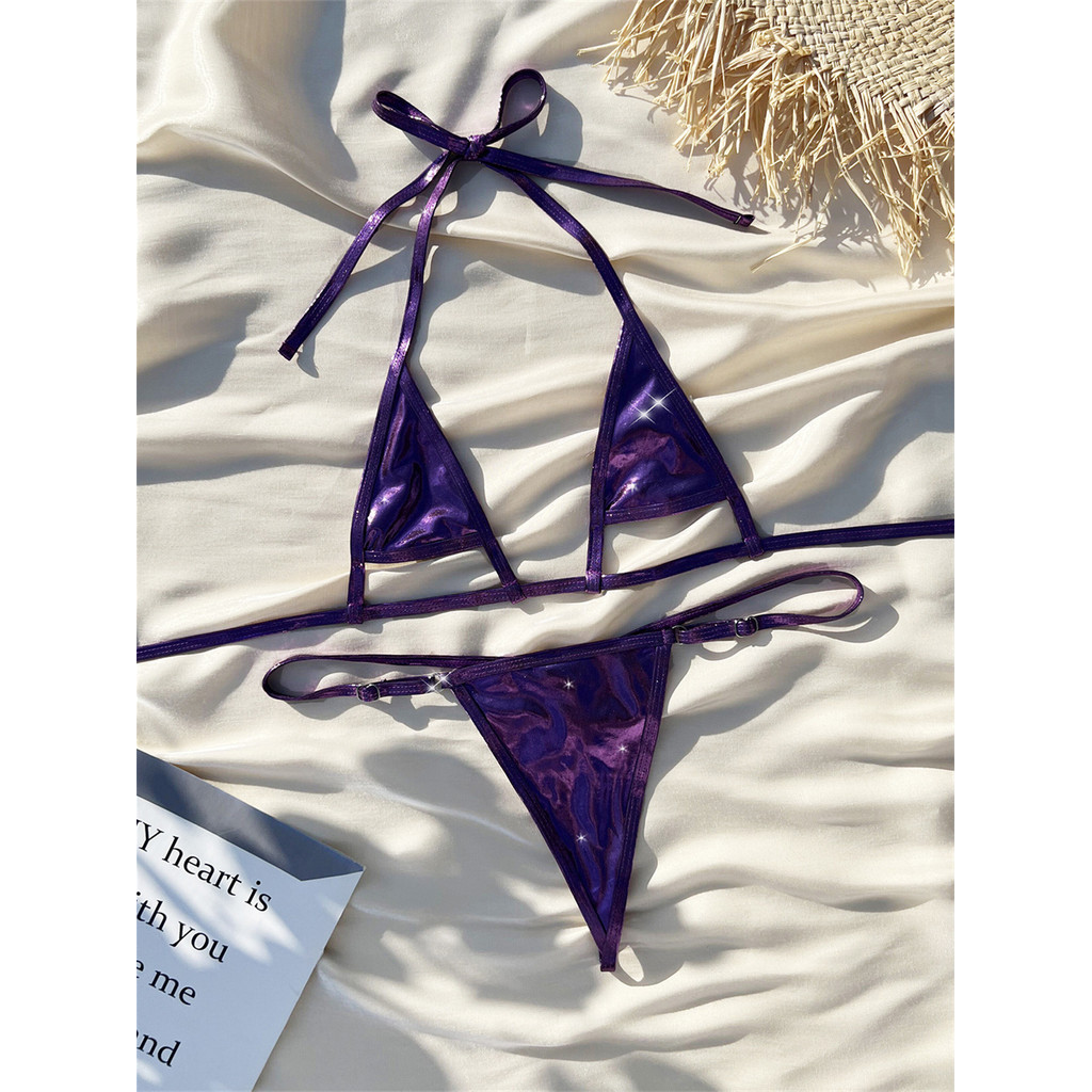 Metallic Purple Bikini Hollow Out Extreme String Tanga Swimsuit Triangle Swimwears Shiny Beach