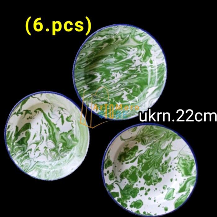 Diskon (6.Pcs)Piring Seng Lurik Uk:22Cm /Piring Jadul Motif Lurik Hijau Original
