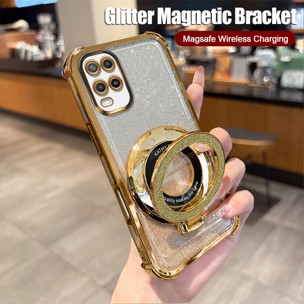 Casing HP Softcase Anti Jatuh Bening Glitter Magnetic Stand Cermin Untuk Case OPPO A54 2021 4G Murah
