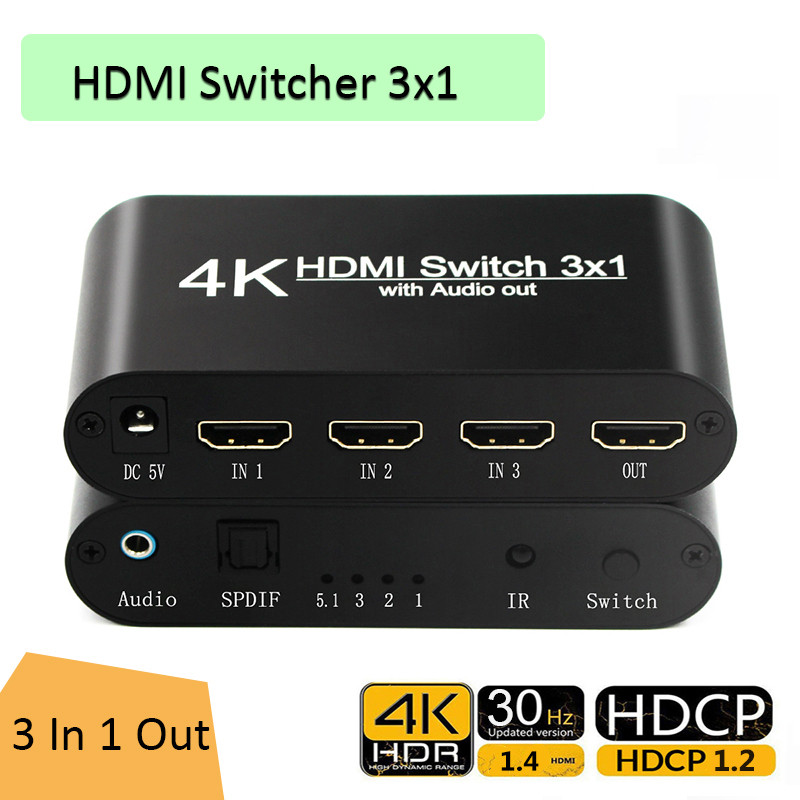4K HDMI Switcher 3x1 3 to 1 1080P HDMI TO HDMI Audio Extractor with