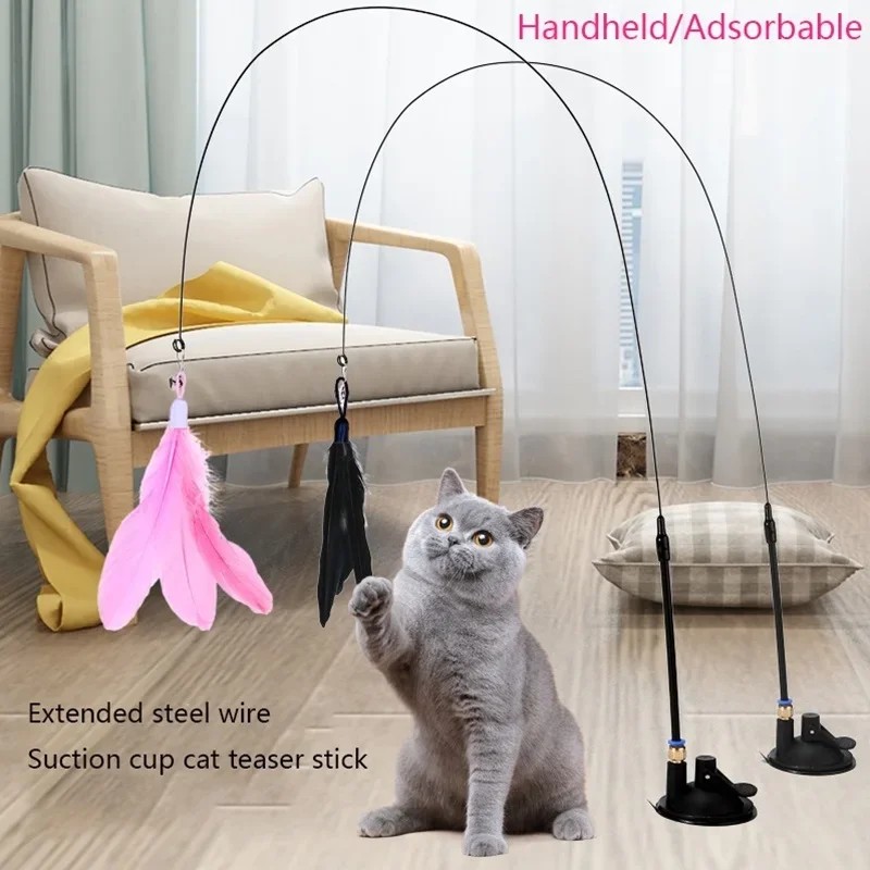 Suction Cup Cat Teasing Stick Cat Toy Interactive Feather Toy Cat Rod Steel Wire Suction Cup Feather