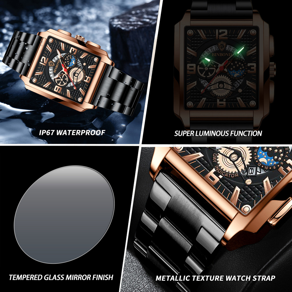 BINBOND Scratch-resistant quartz wristwatches for men luxury luminous waterproof accurate sturdy