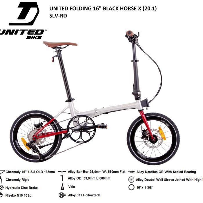 Sepeda Lipat / Folding Bike Chromoly 16 inch United Black Horse 10 speed - Silver
