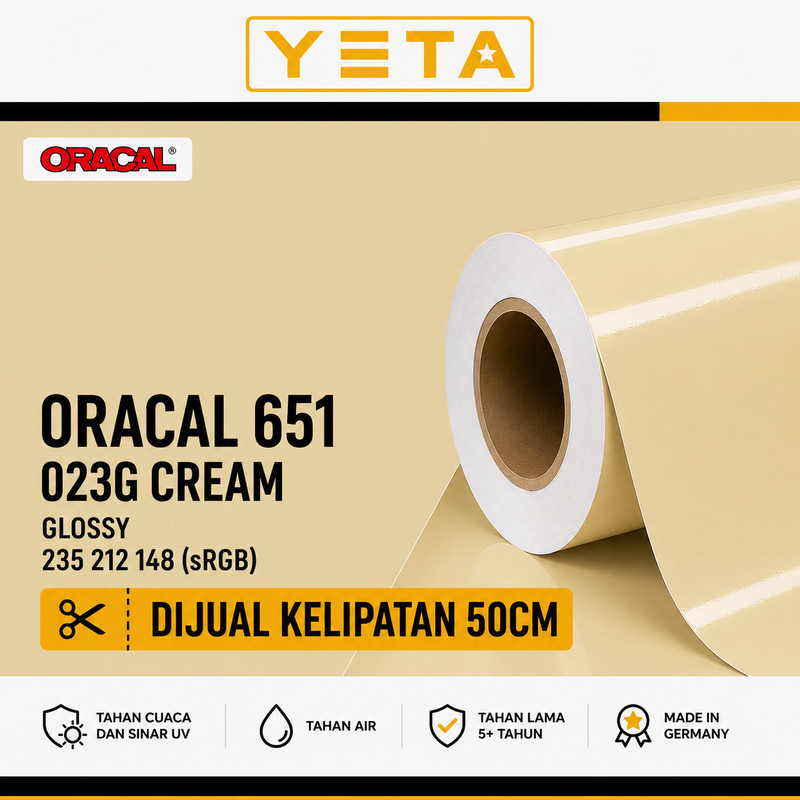 Stiker Vinyl Oracal 651 Glossy 023 Cream Krim Muda Putih Gading Lebar 126cm Mudah Dipotong Mudah Dit