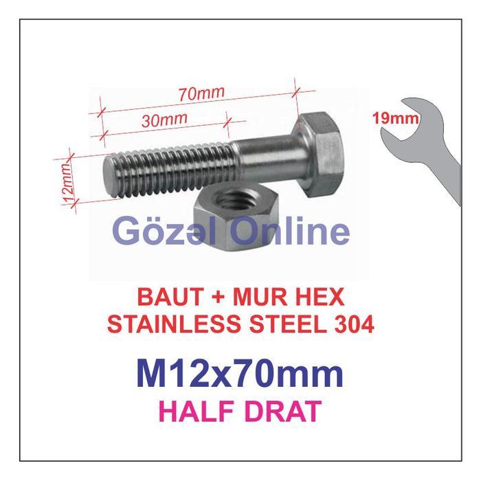 M12 X70MM HALF DRAT BAUT +MUR HEX STAINLESS STEEL 304 STENLIS SUS304 PROMO