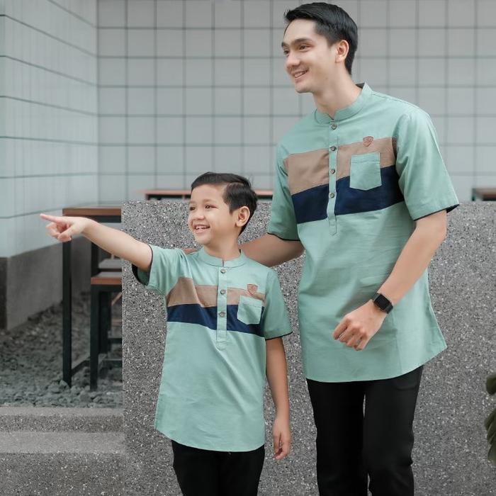 BAJU KOKO COUPLE AYAH DAN ANAK HIJAU MINT PAKAIAN MUSLIM SET FAMILY