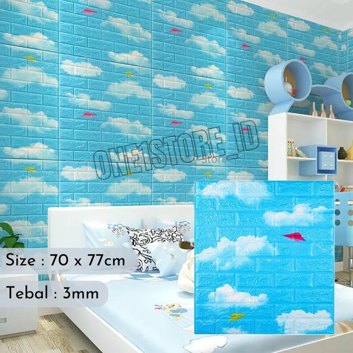 Wallpaper Dinding 3D Foam Dekorasi Dinding Bata Awan Biru 70 x 77cm