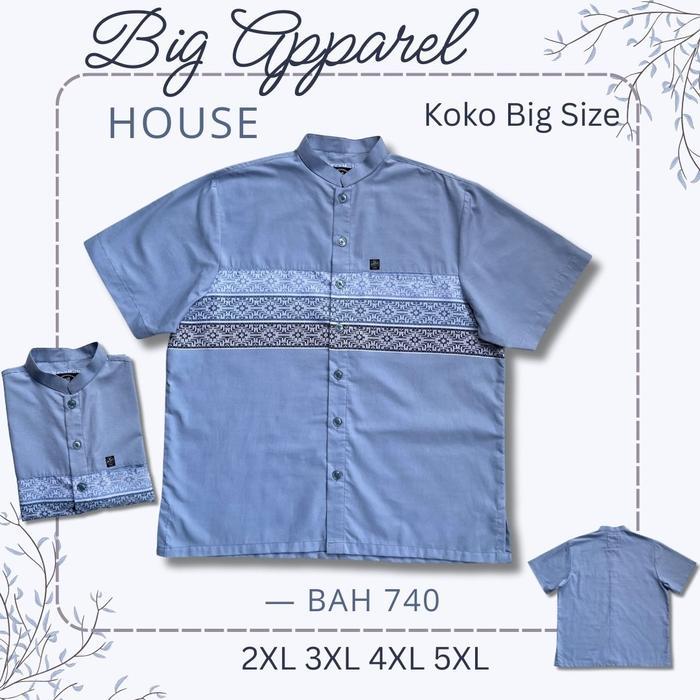 Kemeja Koko Jumbo Big Size Pria Laki Cowok Lengan Pendek Katun Baby Blue Salur Horizontal Tenun