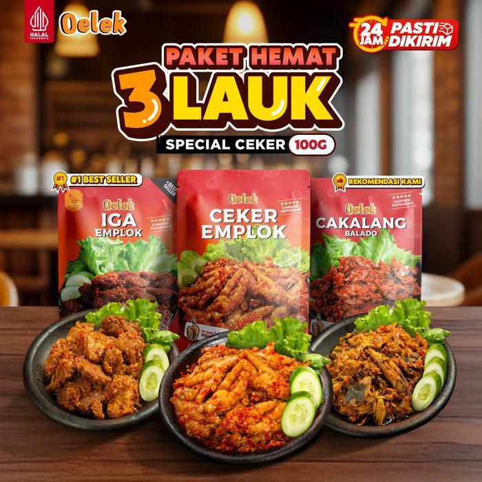 Oelek Paket 3 Bebas Pilih Ceker Mercon Emplok Tanpa Tulang / Iga Emplok / Cakalang Balado / Cumi