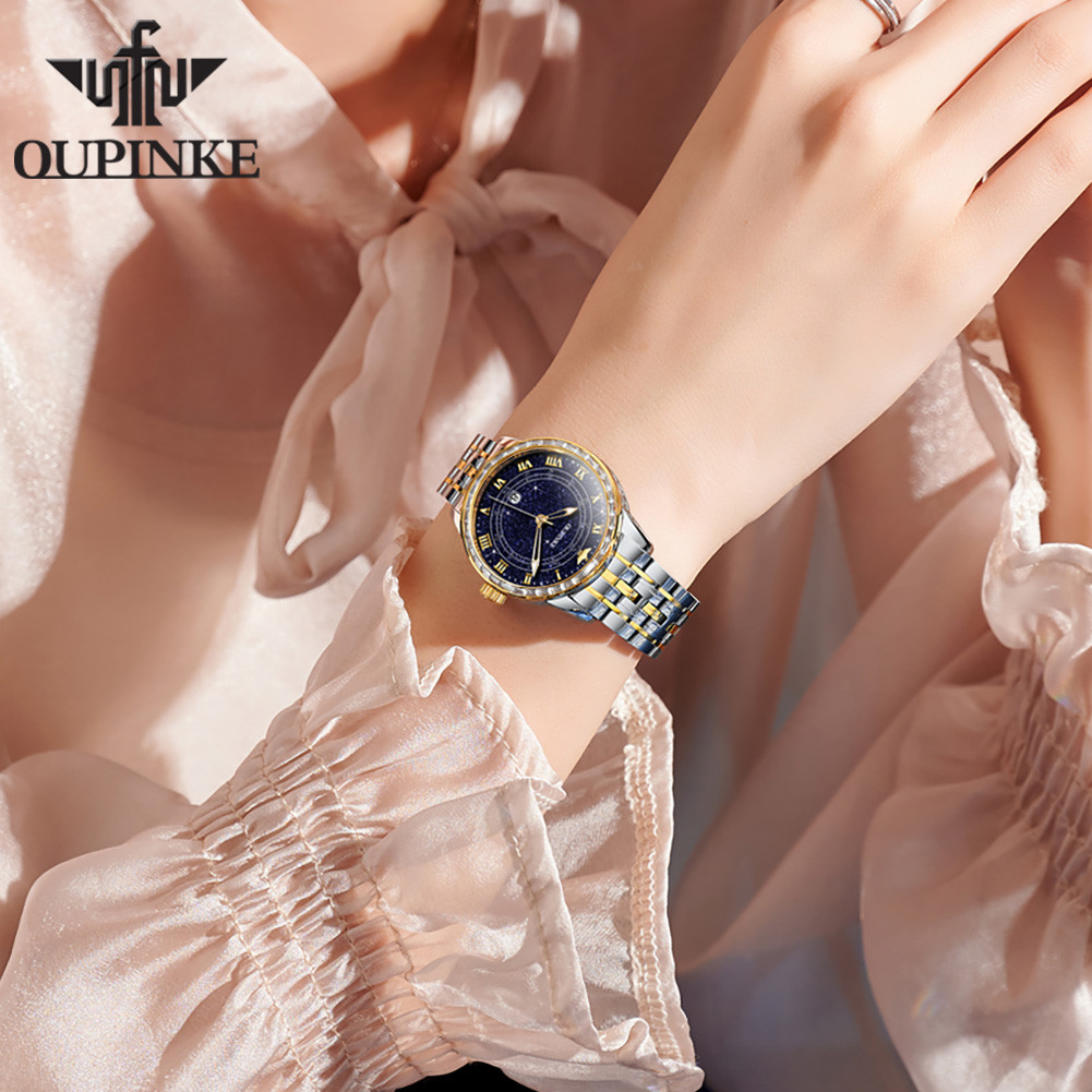 OUPINKE 3203 Elegant Women's Watch Starry Luminous Dial Automatic Mechanical Watch Women's Set Gift