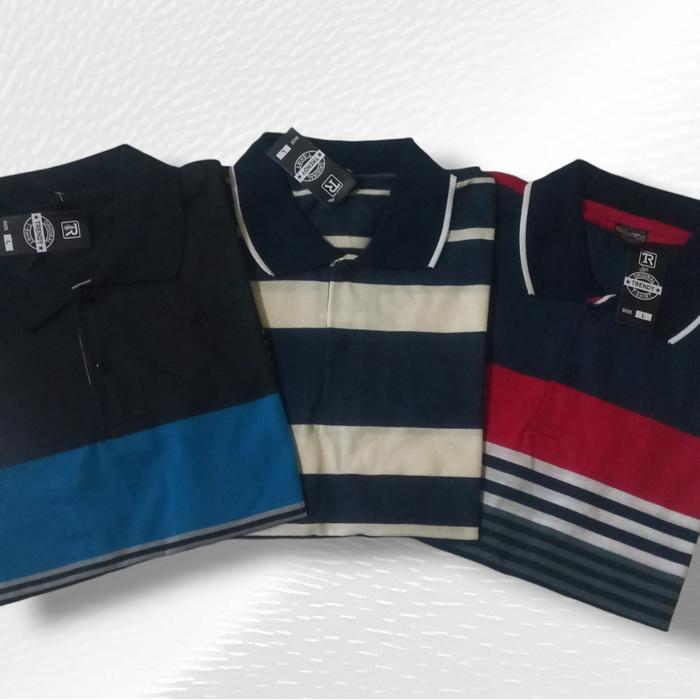 Promo Paket 3Pcs 100 Rb Kaos Polo Salur Pria Lengan Pendek Katun / Polo Shirts Salur Tanpa Saku
