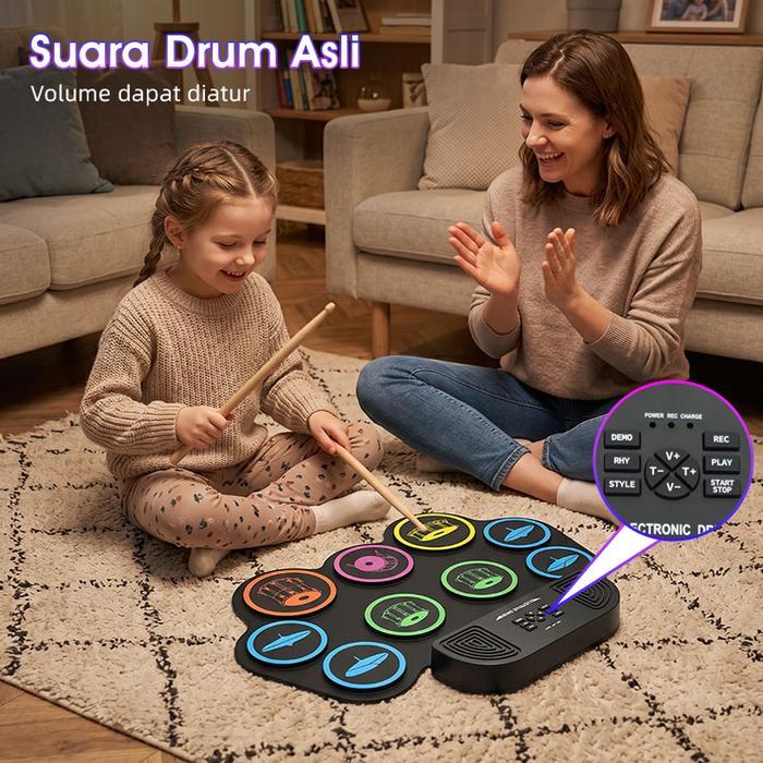 KAWES Drum Elektronik Portabel Digital USB 9 Bantalan Roll up Drum Set Silicone Electric Drum Pad