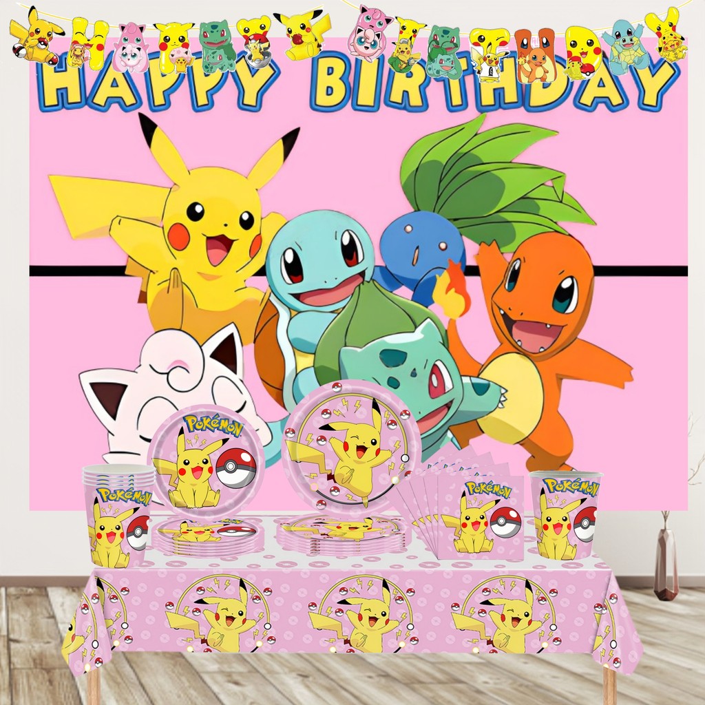 Pink Pokemon thday Party Decoration Disposable Tableware Set Pikachu Tablecloth Cup Plate Baby