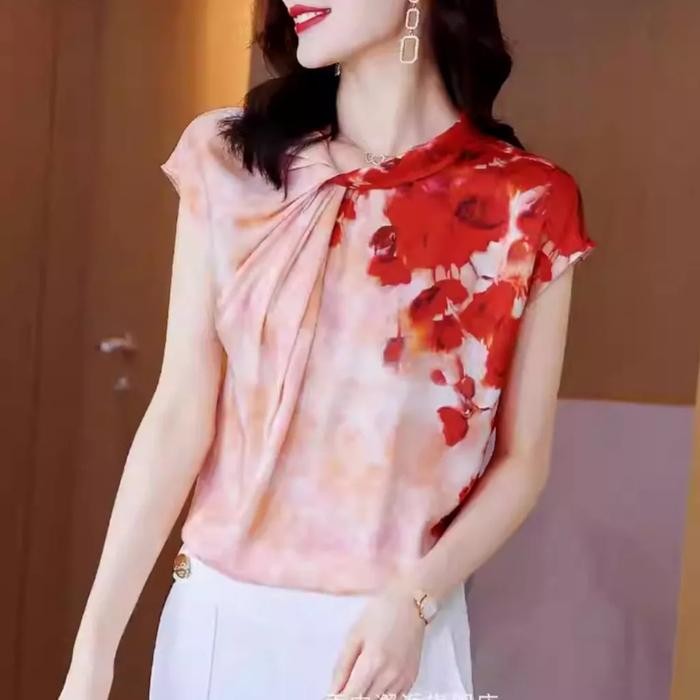 Blouse Baju Atasan Wanita Oriental Orange Red Blue Floral