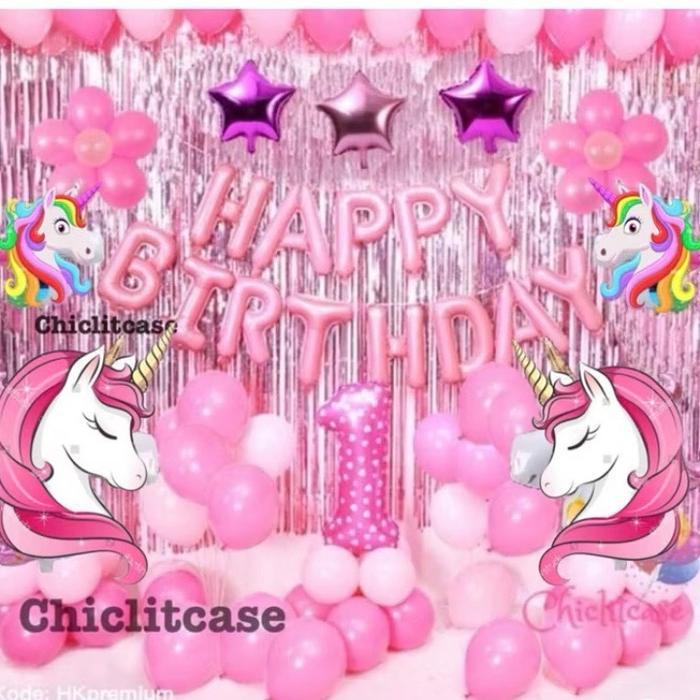 Paket Dekorasi Balon Ulang Tahun Tema Unicorn Premium Tirai