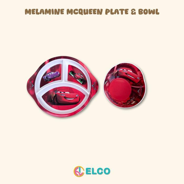 Terlaris ELCO premium melamine lightning mcqueen kids plate spoon tableware set / piring sendok anak