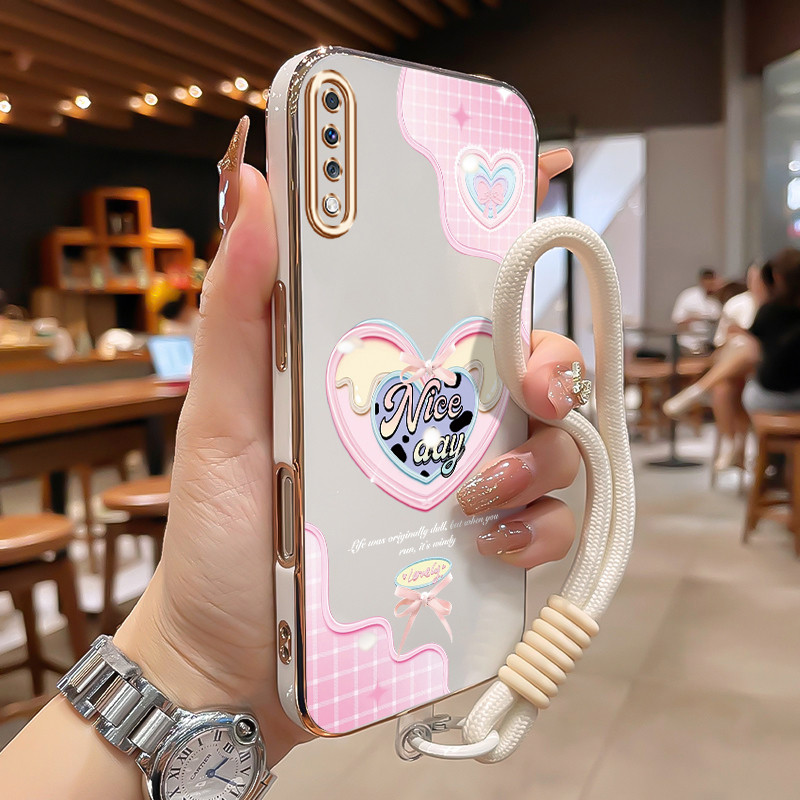 Casing HP Untuk Samsung Galaxy A70 Case Hati Pink Kotak-kotak Kasing Free Tali Lanyard Cesing Elektr