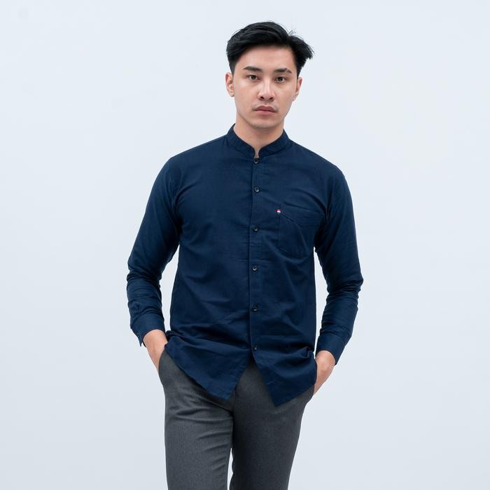 k468 Houseofcuff Kemeja Koko Lengan Panjang Pria Biru Dongker