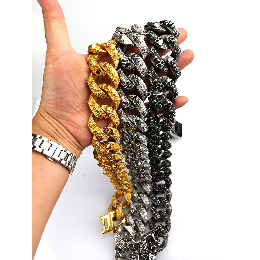 Large Dog Collar Leash Bully Dog Pet Chain 32mm Skull Customized Stainless Steel Gold Metal Heavy Pi