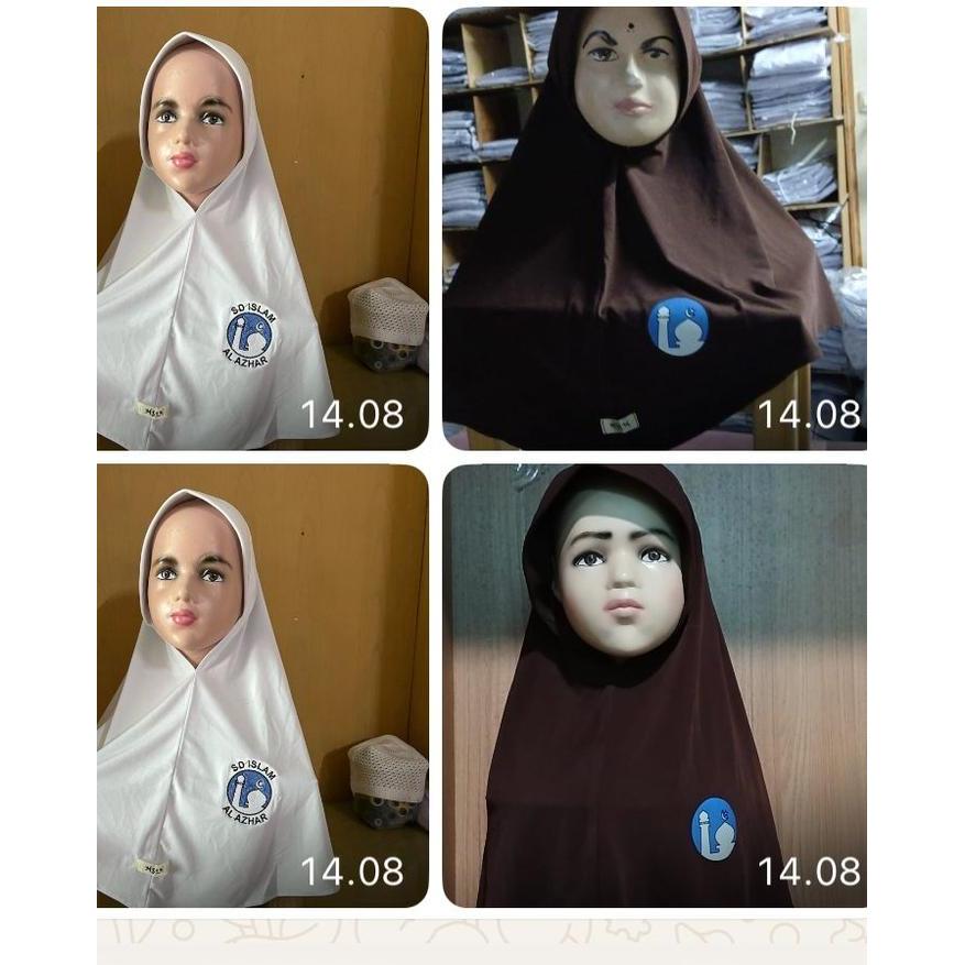 SIAPKIRIM KERUDUNG SD BERGO BAHAN JERSEY WARNA PUTIH DAN COKLAT SEKOLAHG ISLAM AL AZHAR READY STOCK