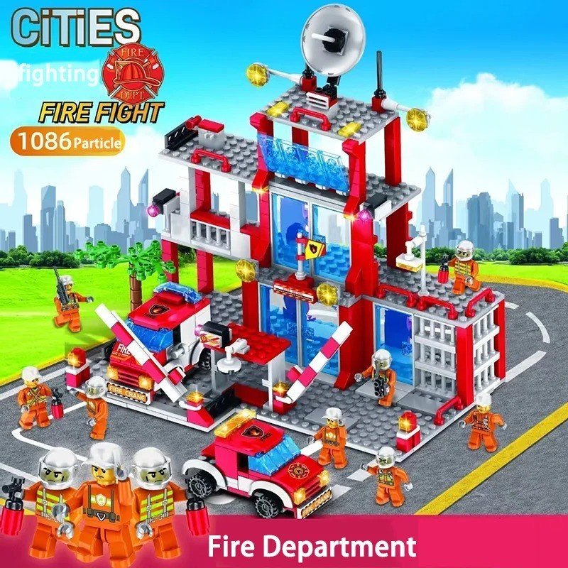 Urban fire protection series building blocks, urban fire stations, patrol cars. Suitable for urban