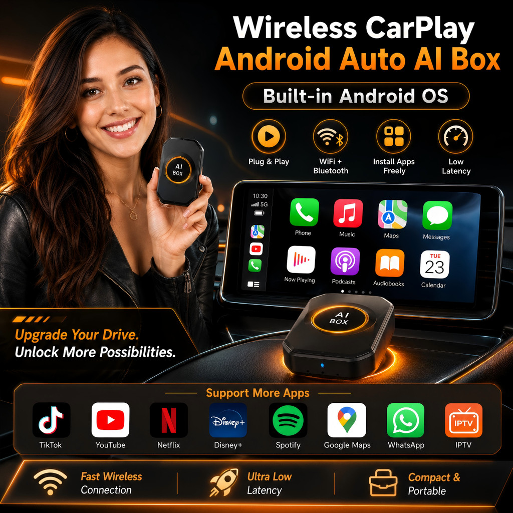 CarPlay AI Box Android 15 Wireless CarPlay & Android Auto Adapter Support YouTube Netflix IPTV