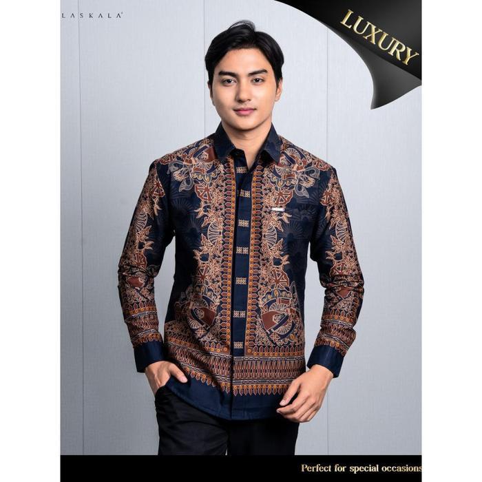 Laskala Batik Premium Betawi Navy Kemeja Batik Pria Slimfit Lengan Panjang