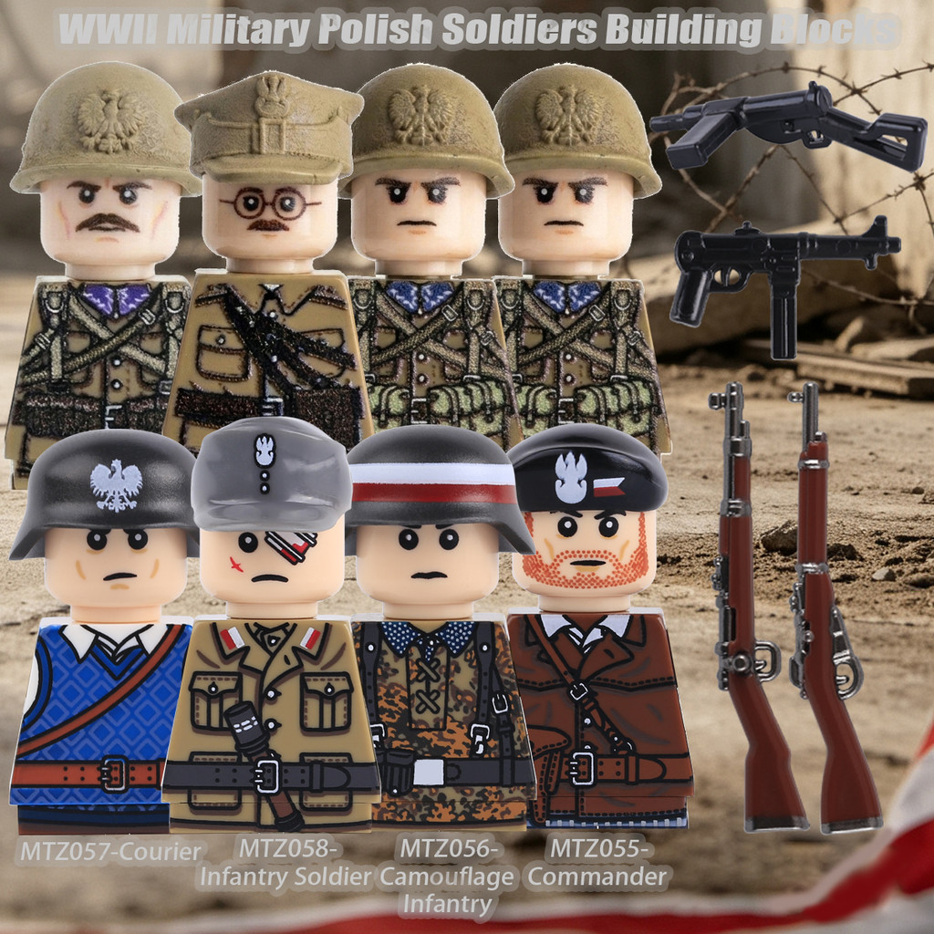 WW2 Military Poland Soldiers Figure Building Blocks Cap Helmet Army Infantry Bricks Toys Kids Gift