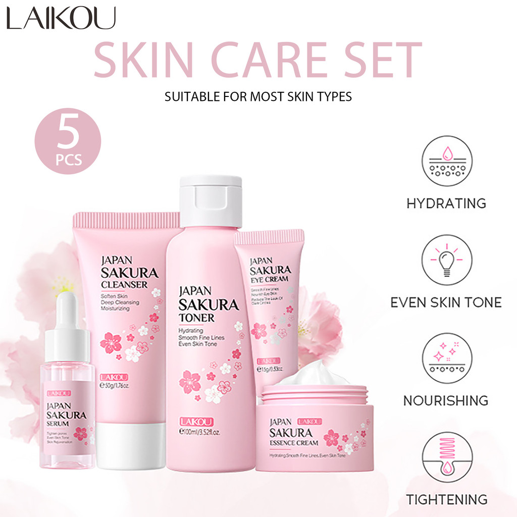 LAIKOU New Sakura Nourish Smooth SkinCare Set 5pcs Face Serum Moisturizer Toner Eye Cream Cleanser