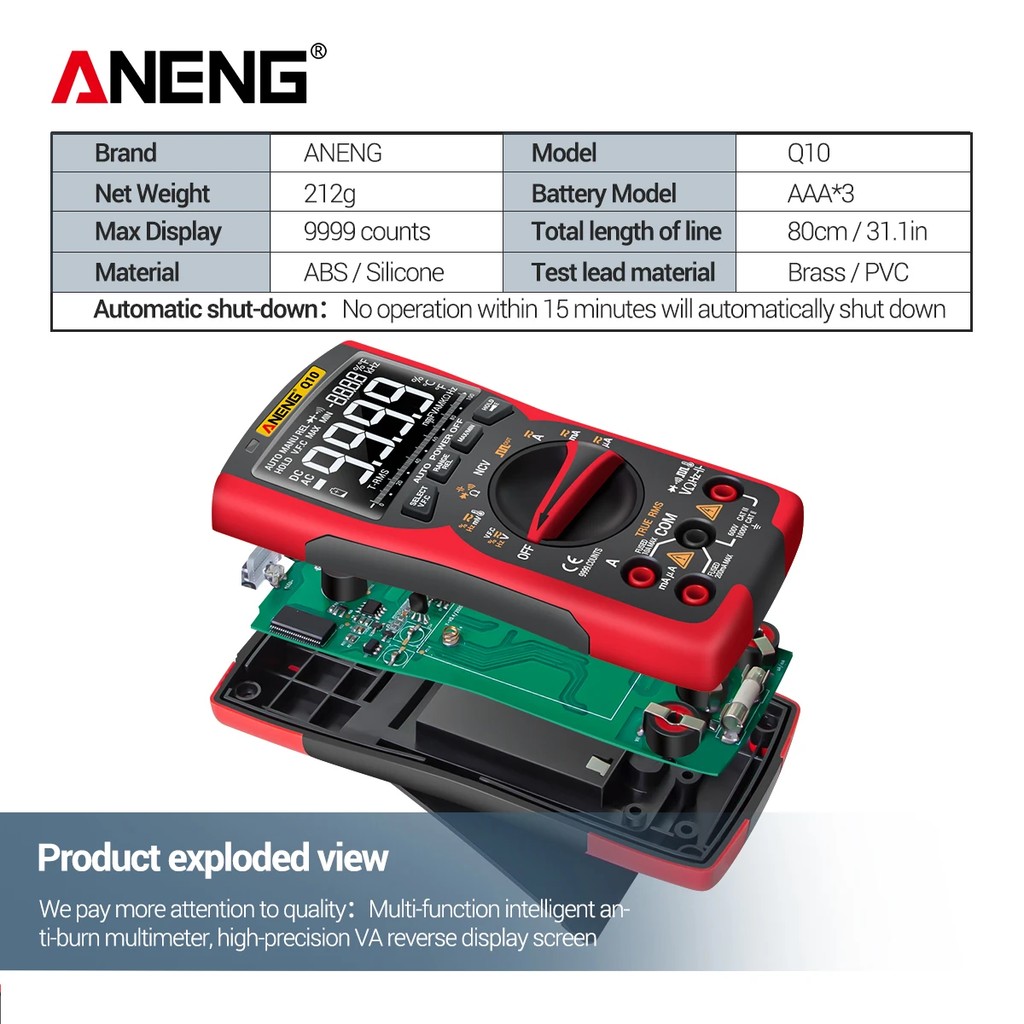 ANENG Q10 9999 ount True RMS Digital Multimeter Anti Burn VA Sreen NV A D Voltage and urrent