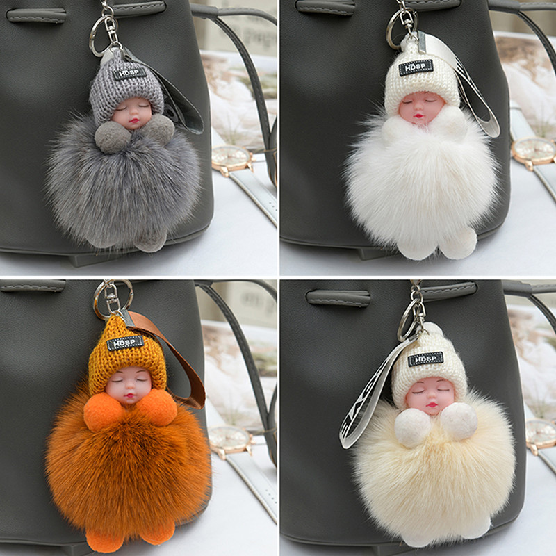 Pompom Sleeping Baby Keychain Cute Fluffy Plush Doll Keyholder Women Girl Bags Keyrings Cars Key