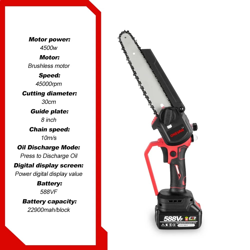 ONEVAN 8 Inch Brushless Chain Saw Cordless Pruning Electric Saw Woodworking Electric Saw Cutting Too