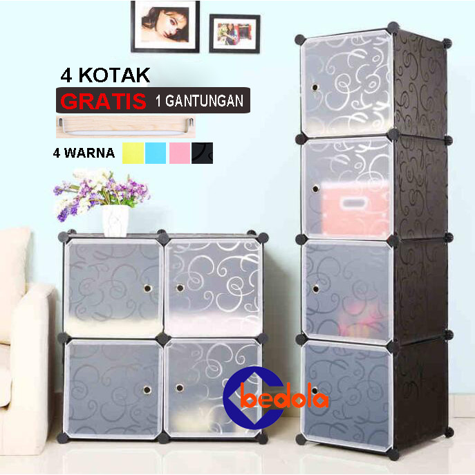 Lemari plastik lemari pakaian rak serbaguna susun lemari baju polos 4 pintu+1 gantungan