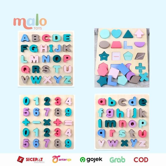 Ohye Chunky Puzzle Kayu Alphabet Macaron Capital Letters Lower Number Shapes 3D Mainan Balok Edukasi