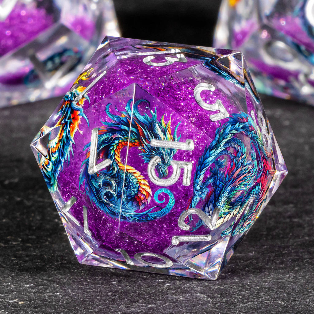 DND Dragon Liquid Core Dice Set, 7Pcs Sharp Edge Dice Set Dungeon and Dragon, Purple Handmade Resin