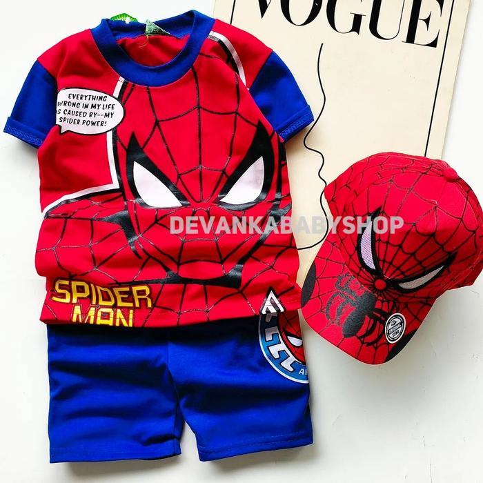 baju anak spiderman setelan spider anak laki laki ada topi