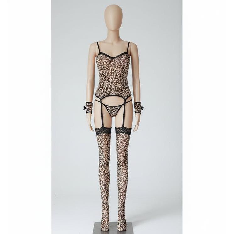 MissLinje Lingerie Leopard Macan Tutul Baju Dinas Wanita Sexy Ketat Full Set G string Stocking Sarun