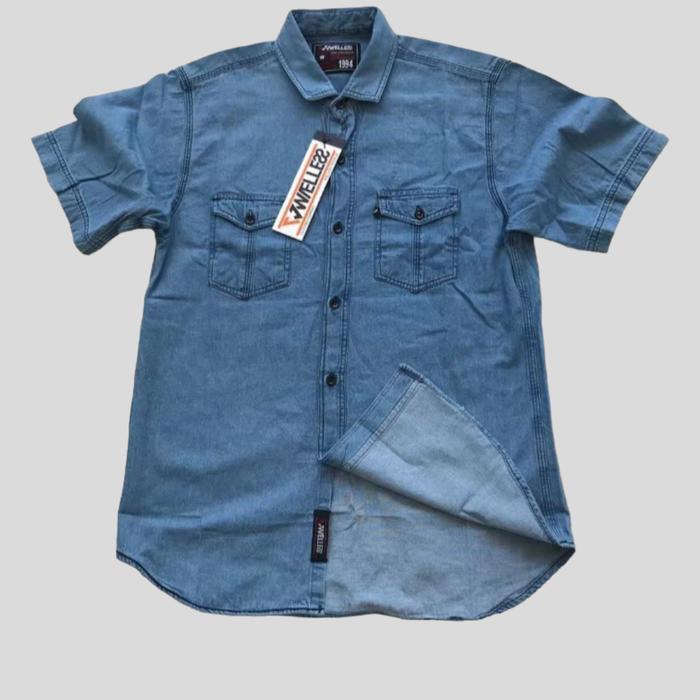 jeans pria lengan Kemeja Denim Lengan Pendek Pria Ukuran M L XL - G533, M lengan pendek / ukuran M L
