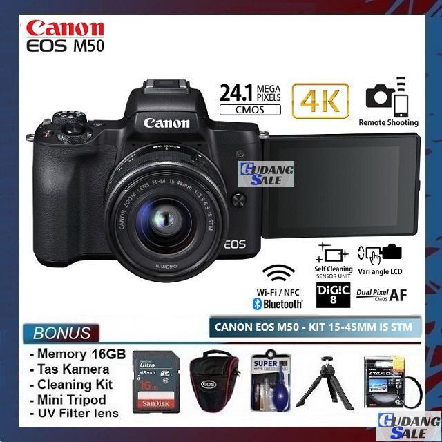 New Kamera Canon Eos M50 + Lensa Kit 15-45Mm Is Stm Wifi Terbaru 