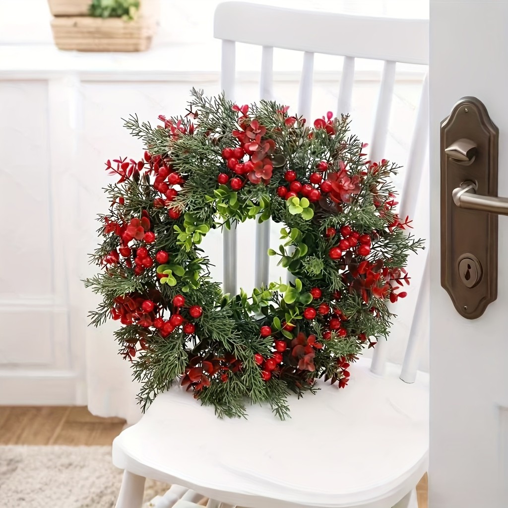 1Pc Artificial Christmas Red Berry Wreath, Front Door, Christmas Wreath Wall, Green Leaf Artificial